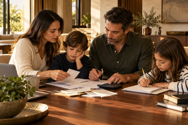 Calculadora, caderno escolar e documentos do orçamento familiar