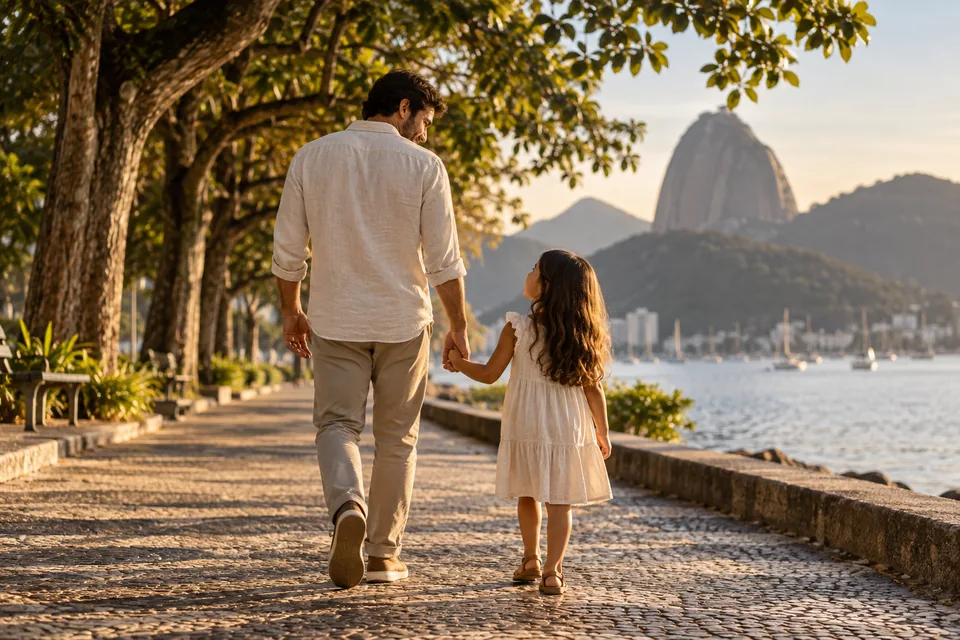 Pai e filha caminhando de mãos dadas por uma alameda arborizada