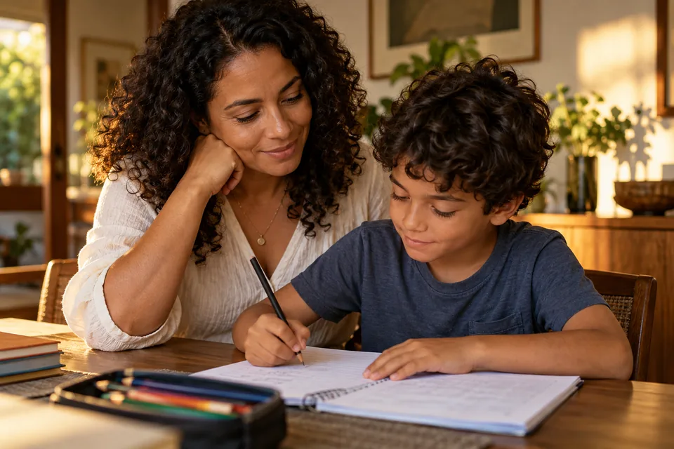 Mãe acompanhando o filho nas atividades escolares em casa