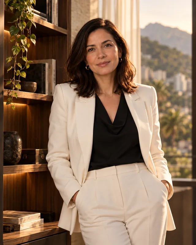Retrato da personagem Helena Lemos, de blazer marfim, no escritório