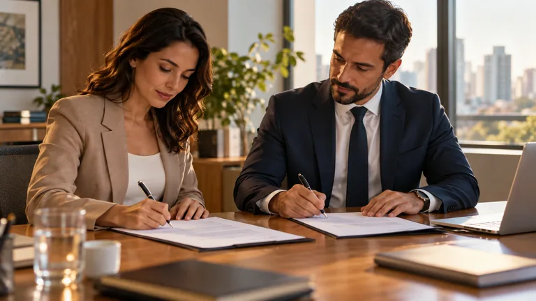 Duas pessoas assinando documento em mesa de reunião