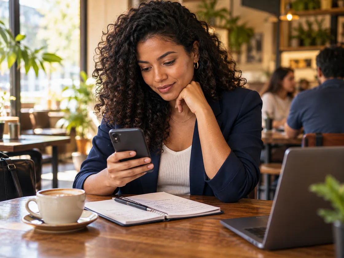 Trabalhadora lendo um artigo no celular em um café, com caderno de anotações ao lado