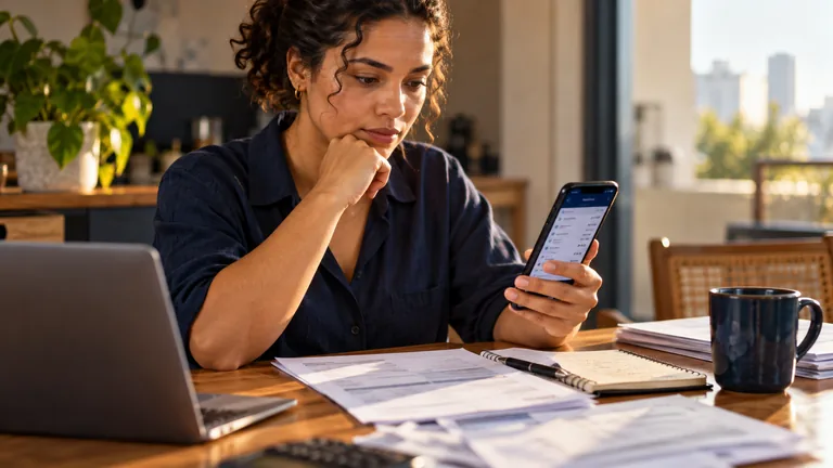 Celular exibindo extrato bancário ao lado de documentos