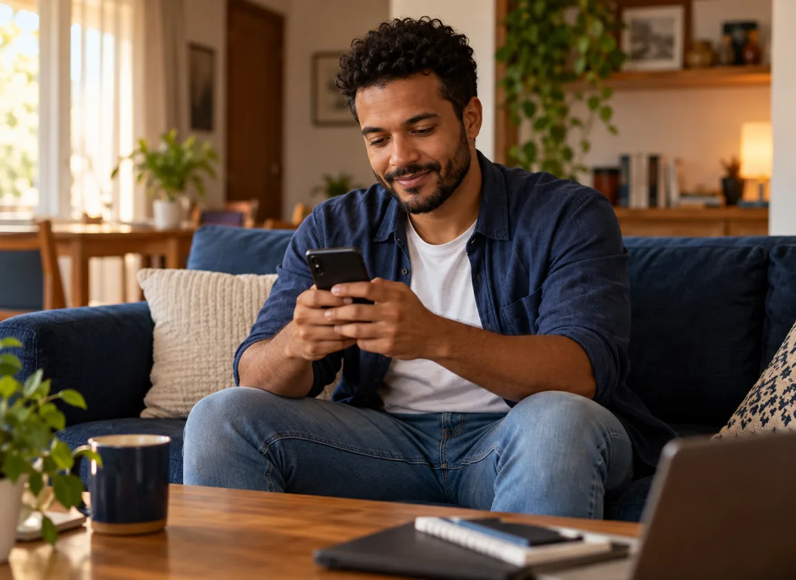 Trabalhador digitando mensagem no celular em casa, com expressão tranquila