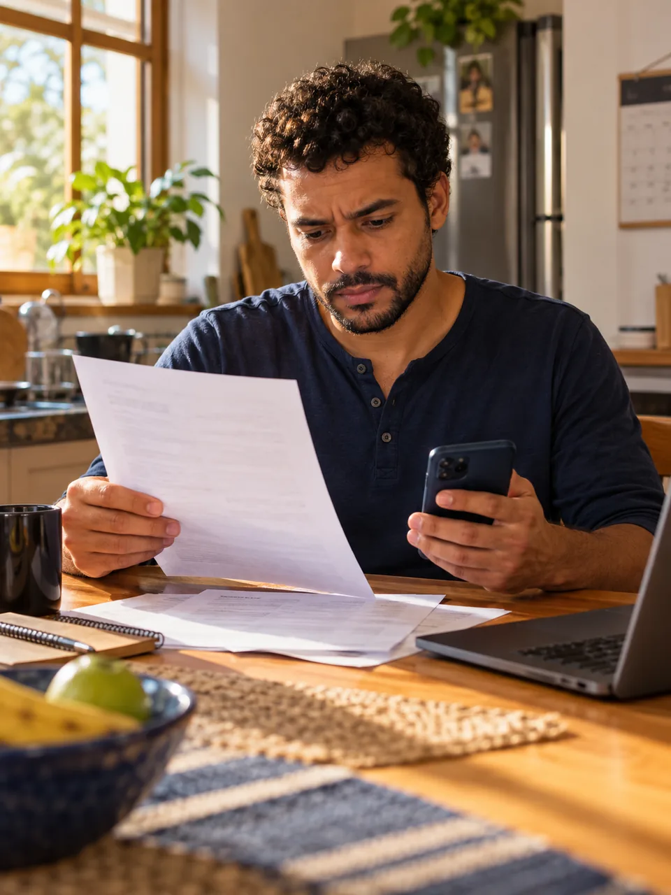 Trabalhador sentado à mesa da cozinha conferindo o termo de rescisão com o celular na mão