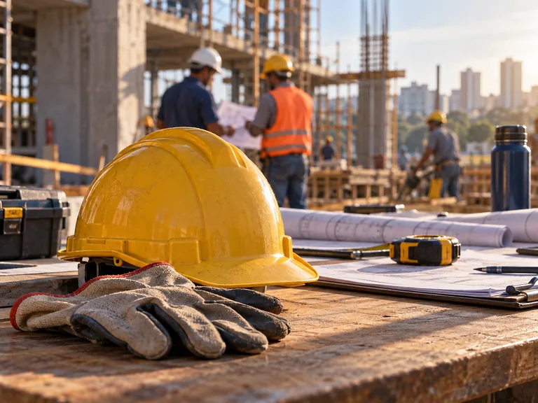 Capacete de segurança e luvas sobre bancada em canteiro de obras