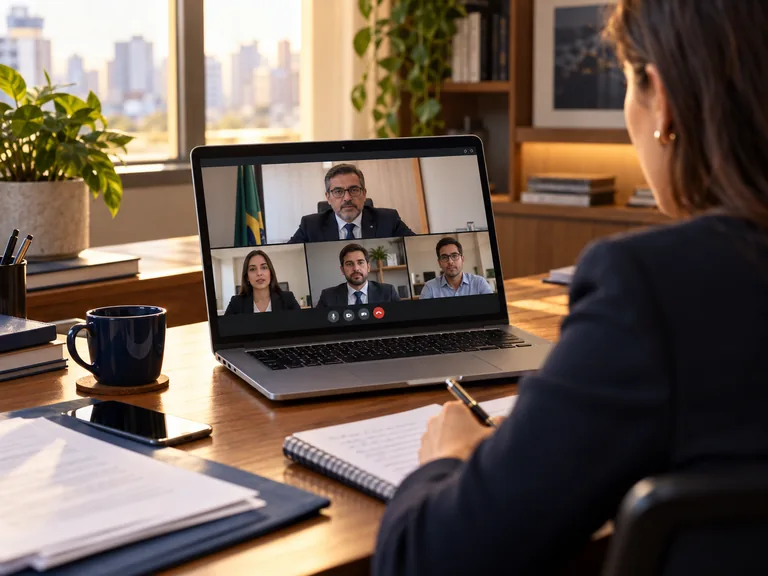 Notebook exibindo audiência trabalhista por videoconferência